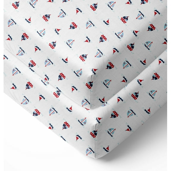 Bacati - Little Sailor Boats Crib/Toddler Bed Fitted Sheets 100% Cotton Muslin 2 Pack, Blue/Red