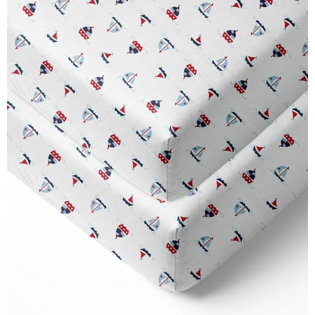 Bacati - Little Sailor Boats Crib/Toddler Bed Fitted Sheets 100% Cotton Muslin 2 Pack  Blue/Red