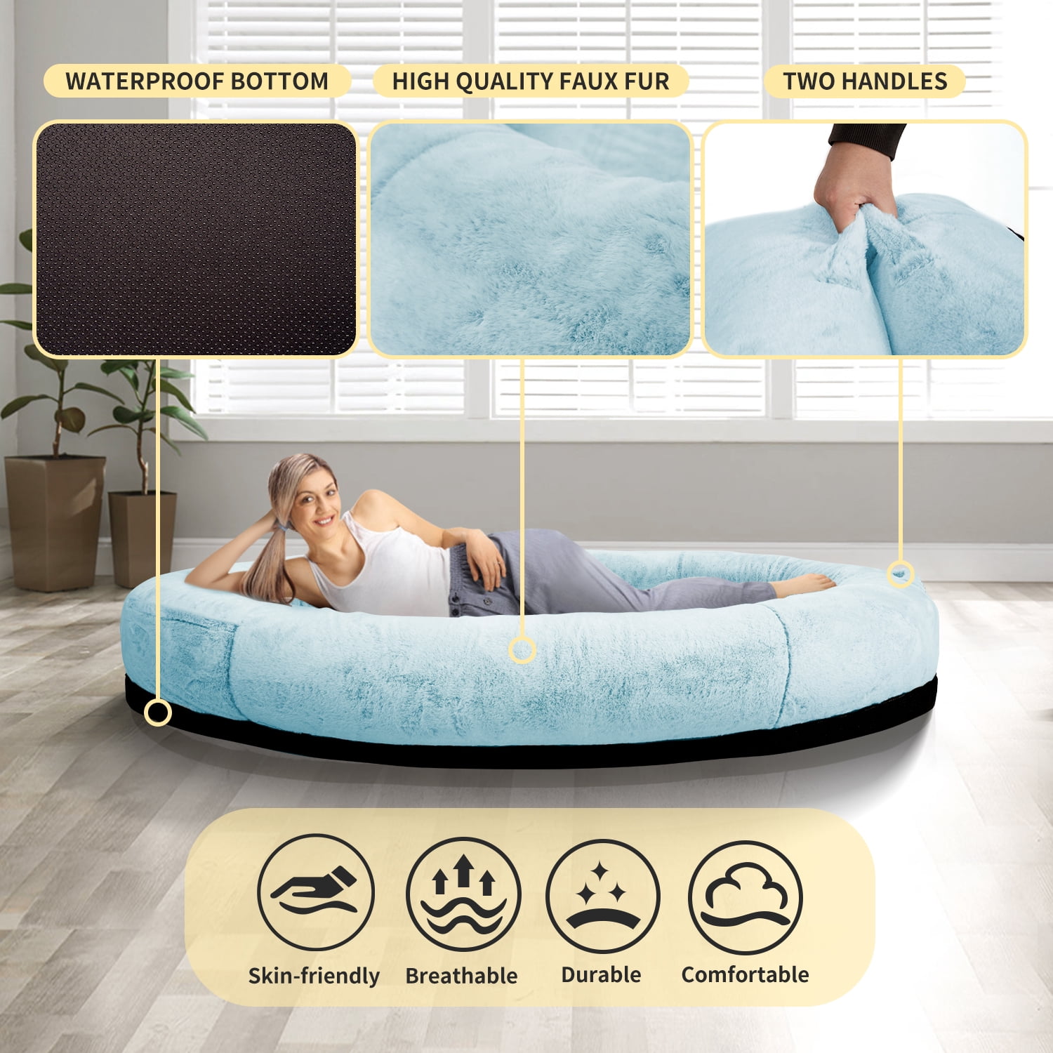 Human Dog Bed for Pets and Adults, 71"x45"x14", Washable Faux Fur Cover with Blanket and Pillow, Extra Large Human Size Beanbag Bed,Blue
