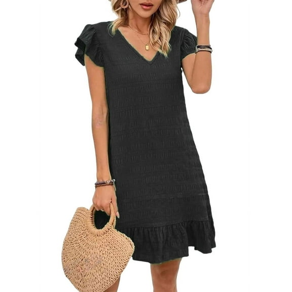 Summer Dresses for Women V Neck Cap Sleeve Ruffle Hem Smock Short Dress Black XS