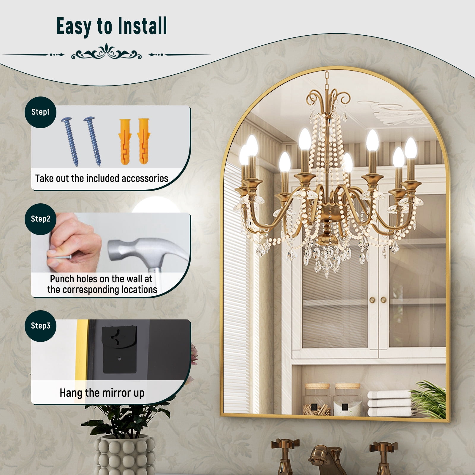 BEAUTYPEAK 20"x 30" Bathroom Mirror Wall Vanity Arched Mirror, Gold, Crown Shape