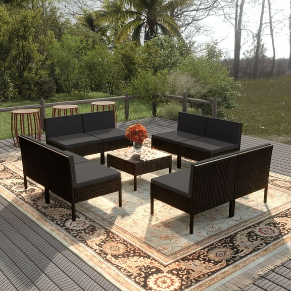 vidaXL 9 Piece Patio Lounge Set with Cushions Poly Rattan Black