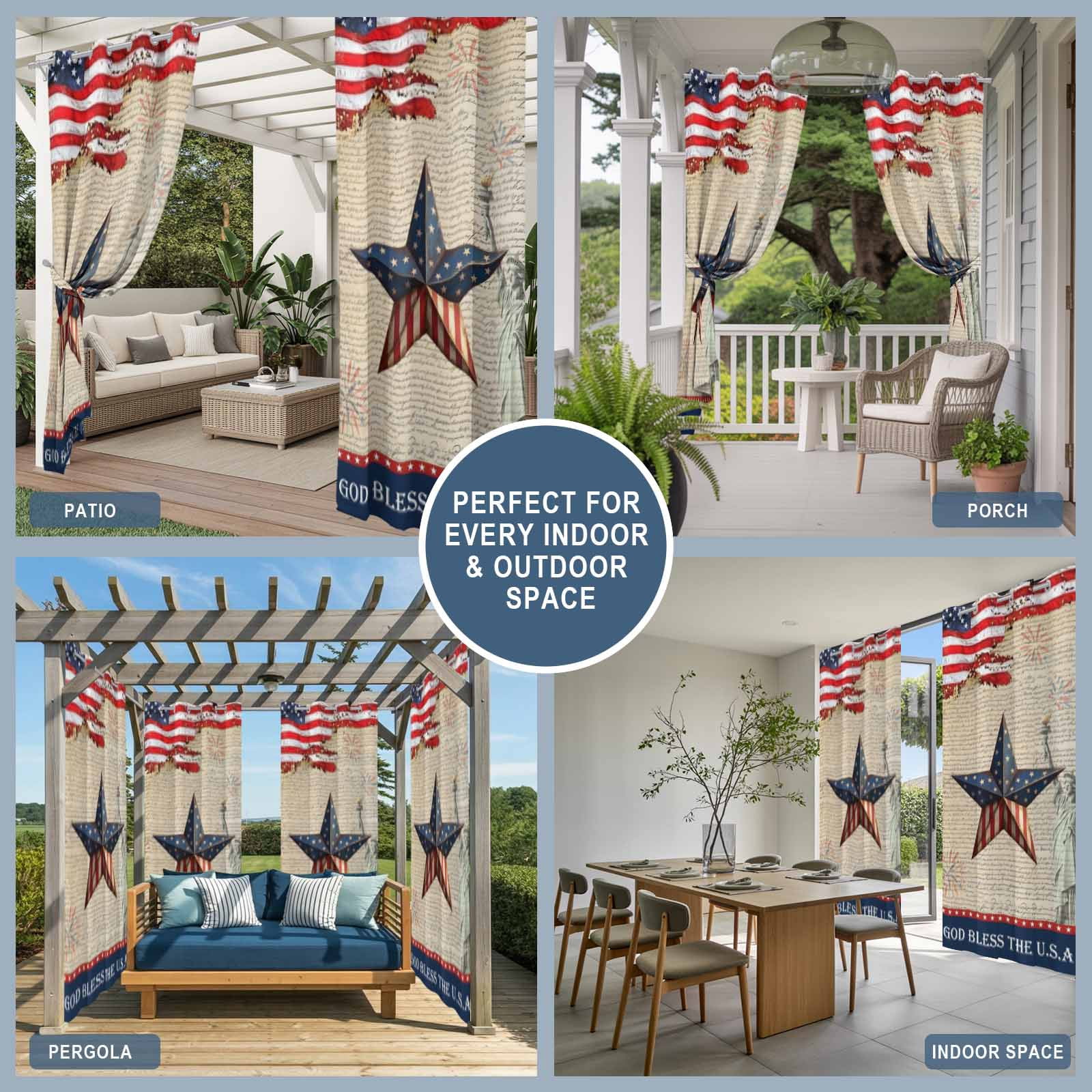 Patriotic Star Independence Day Outdoor Curtains for Patio, Bald Eagle Statue of Liberty Sunshade Privacy Drapes Grommet Waterproof Outside Curtains for Porch/Cabana/Balcony 54"x 108", 1 Panel