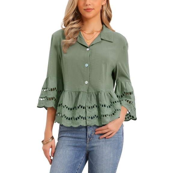 INSPIRE CHIC Button Down Shirts for Women's 3/4 Bell Sleeve Casual Ruffle Hem Tops Eyelet Blouse XS Gray Green
