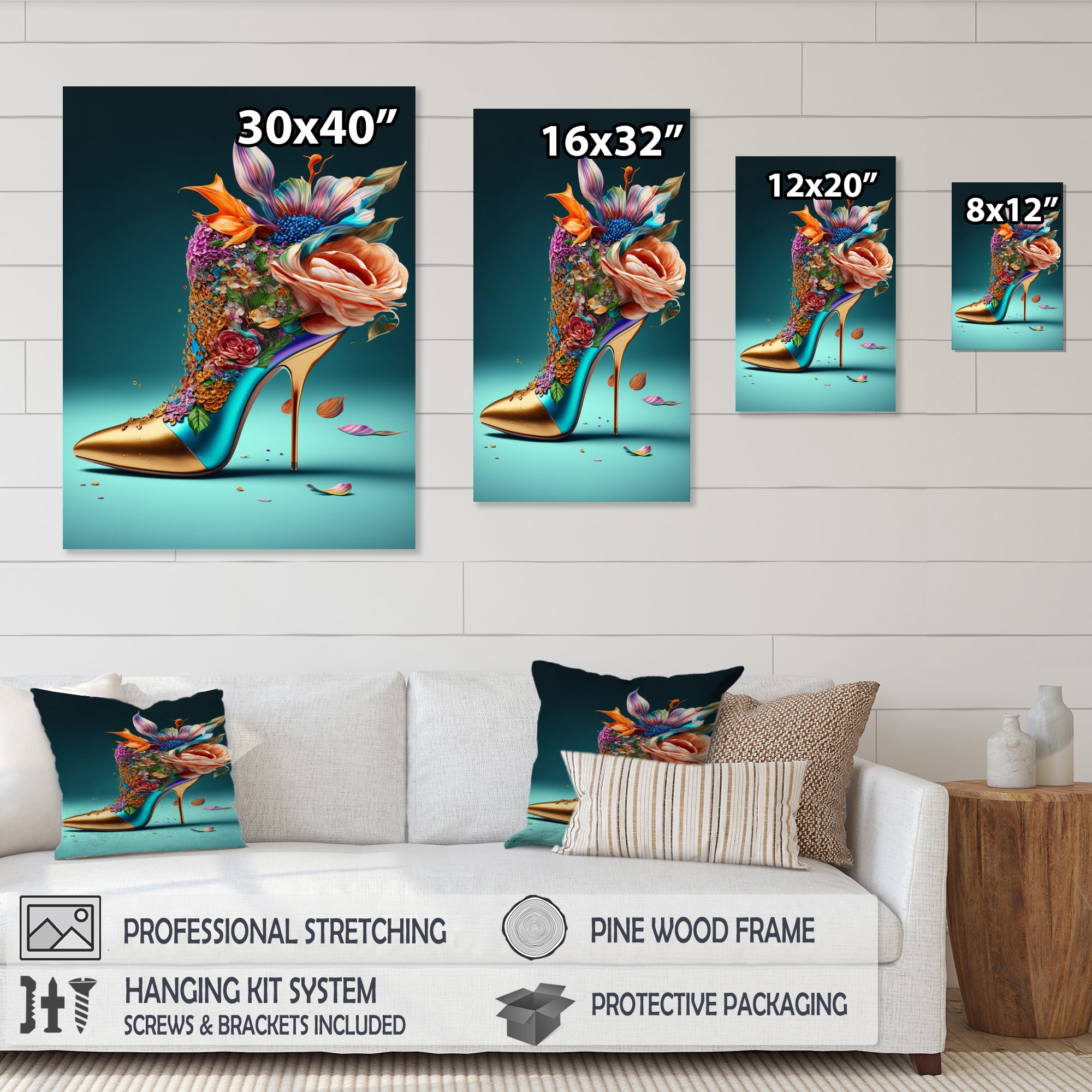 Designart Blue Floral Hight Heels IV Canvas Wall Art