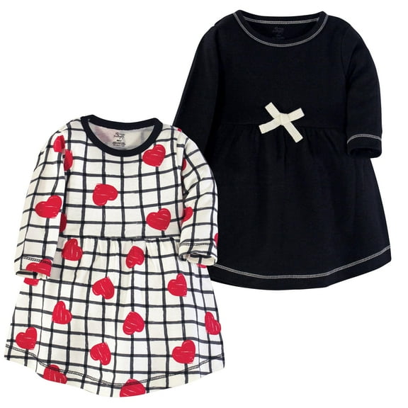 Luvable Friends Touched by Nature Long-Sleeve Dresses 2pk, Black with Scarlett Hearts, 0-3M