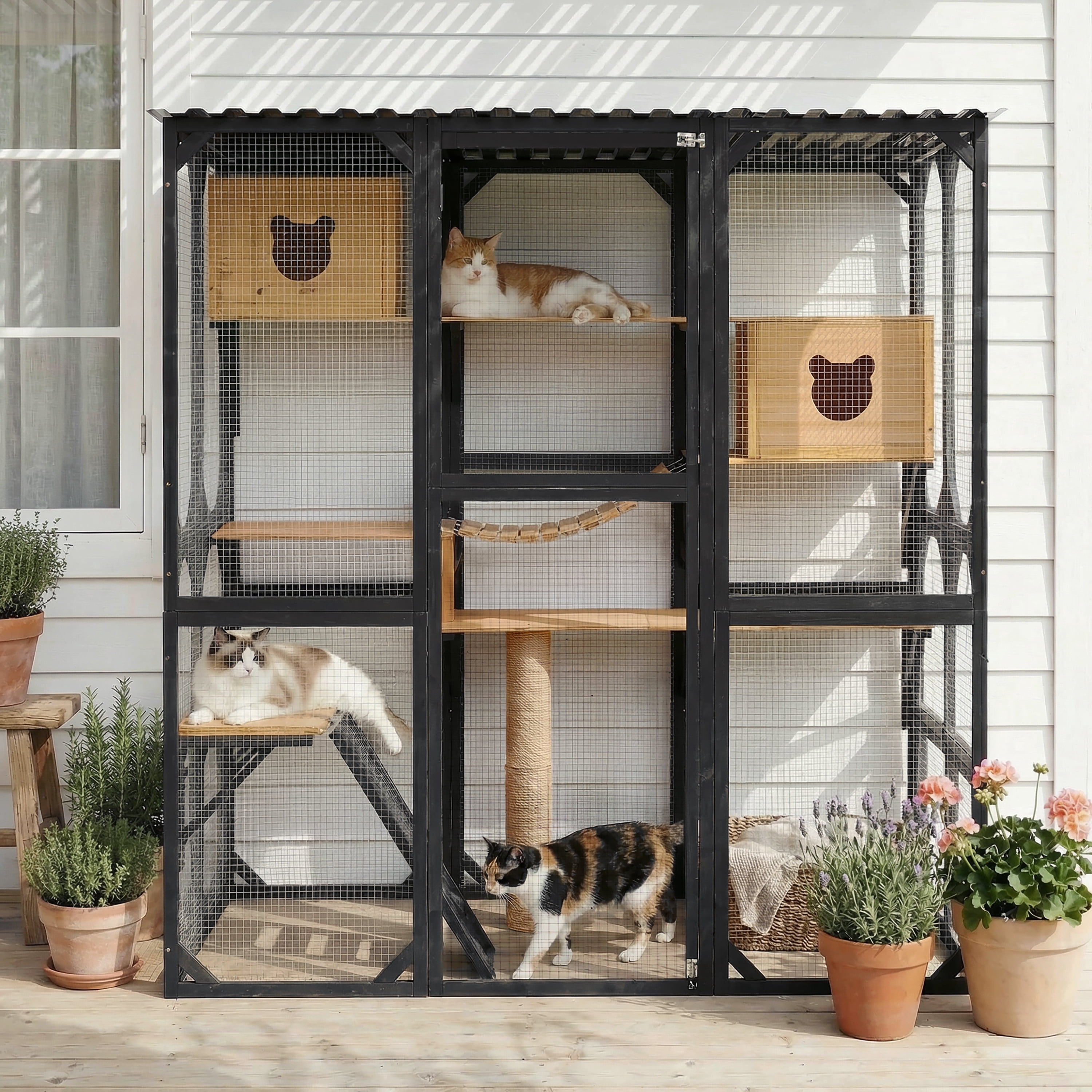 Outdoor Cat Enclosure, Fir Wood Catio with Sleeping Houses, Jumping Platforms, Scratching Post & Secure Doors, Black + Natural, Ideal Patio Playpen for Cats