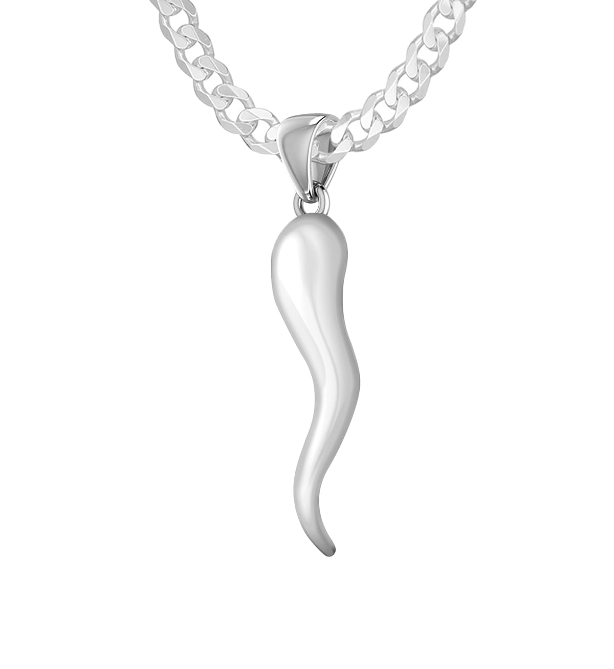 18 Italian Horn Pendant Micro Pave Necklace Clear Simulated CZ .925 Sterling Silver 
