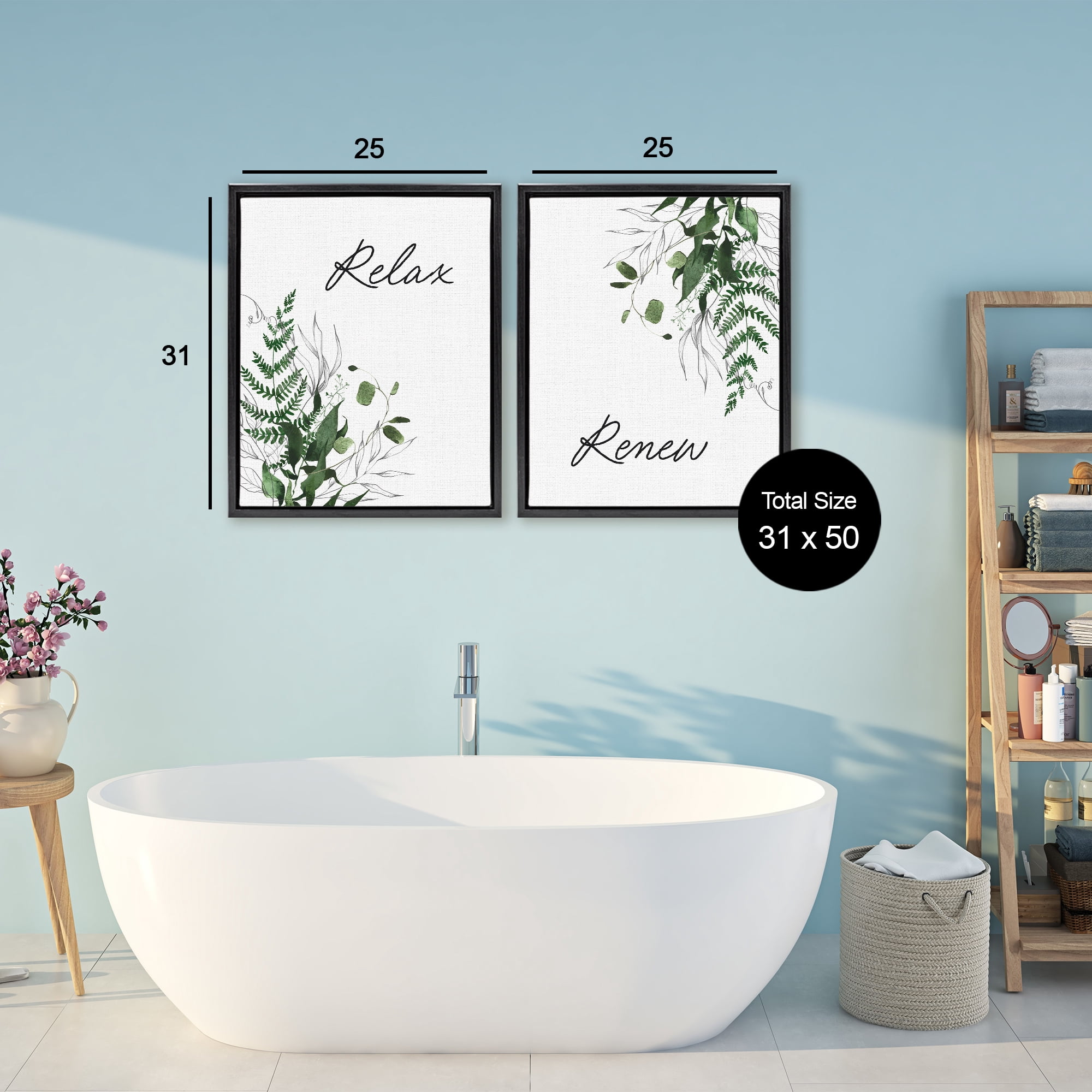 Relax Renew Botanical Leaves 2 Piece Black Framed Floater Canvas Set, design by Lettered and Lined