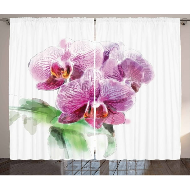 Orchids Curtains 2 Panels Set, Floristry Themed Artwork with a Posy of