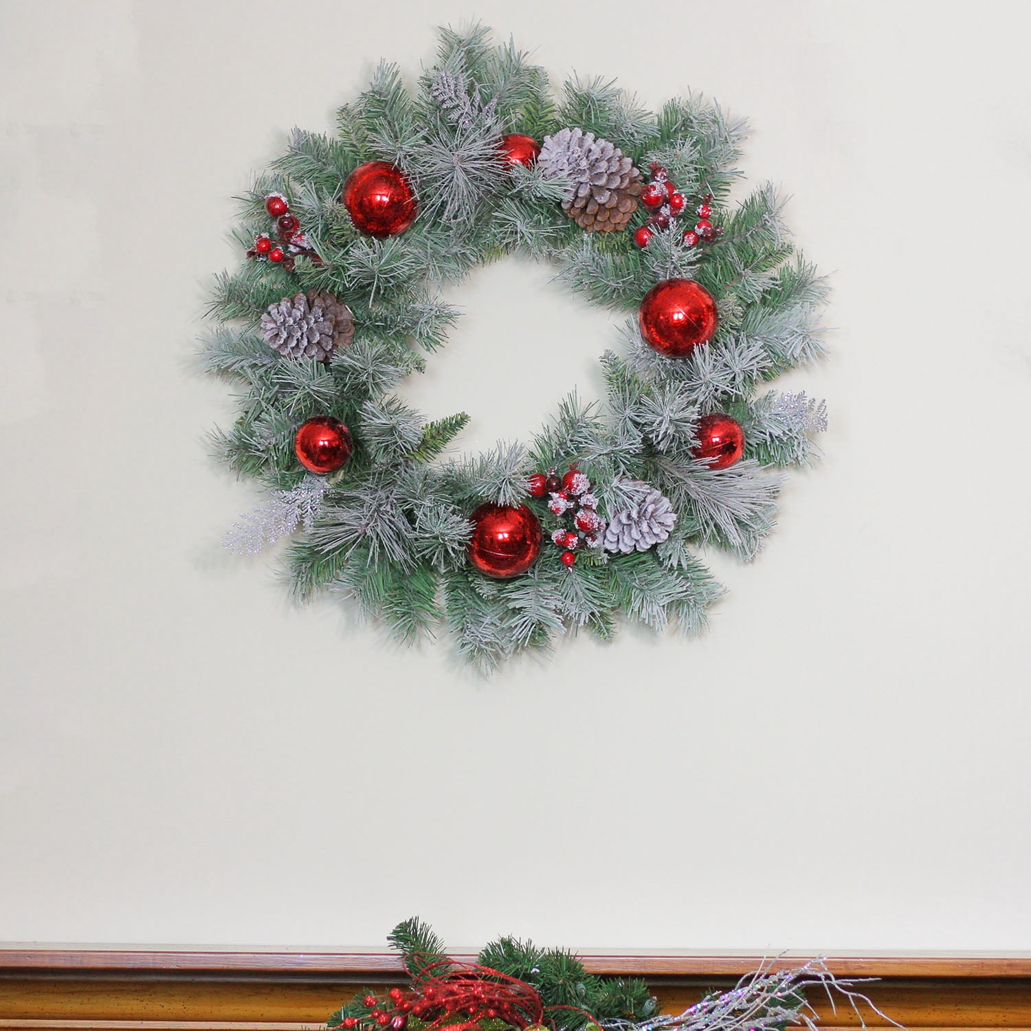 24" Flocked Pine Red Ball Berries & Silver Cedar Artificial Christmas Wreath - Unlit
