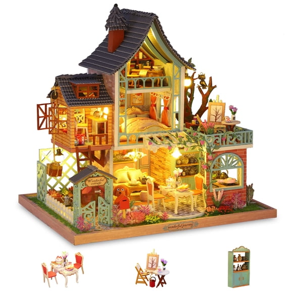Kit de casa de muñecas en miniatura GudoQi Jungle Resort a escala 1:24 con música