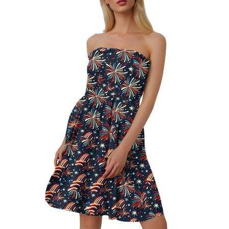 CHCNHAC Beach Dresses for Women 4th Of July Patriotic Dresses American Flag Graphic Trendy Flowy Swing Strapless Tea Party Dress Dark Blue S