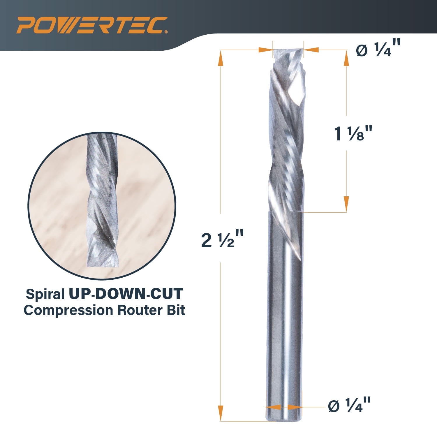 POWERTEC Up/Down Cut Compression 1/4" Spiral Router Bit, 1/4" Shank Carbide Router Bit w/1-7/64" Cutting Length & 2-1/2"Long.Fits CNC Router, Handheld Router, Router Table, Plunge Router,2PK(73039-P2)