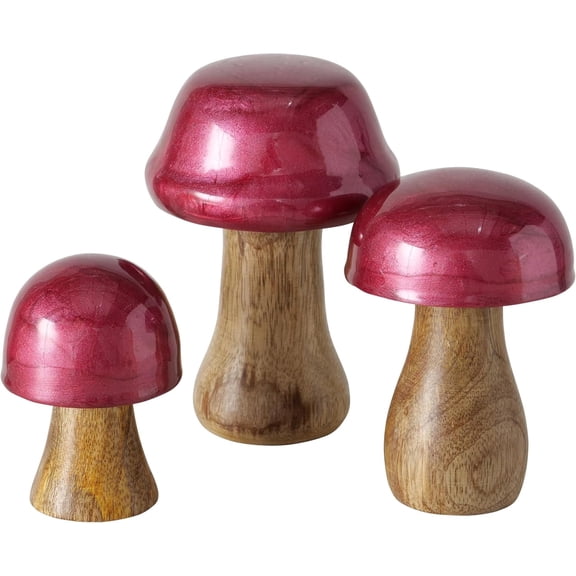 Metallic Effect Red Top Mushrooms, Set of 3, Decorative Kitchen Figurines, Mango Wood, Domed Caps, 4.25 Inches