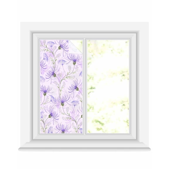 Window Privacy Film Purple Flowers Stained Glass Window Film Decorative Sun Block Window Cover Botanical Florals Plants Country Aesthetic Window Clings Static Sticker for Bathroom 17.7"x39.3"
