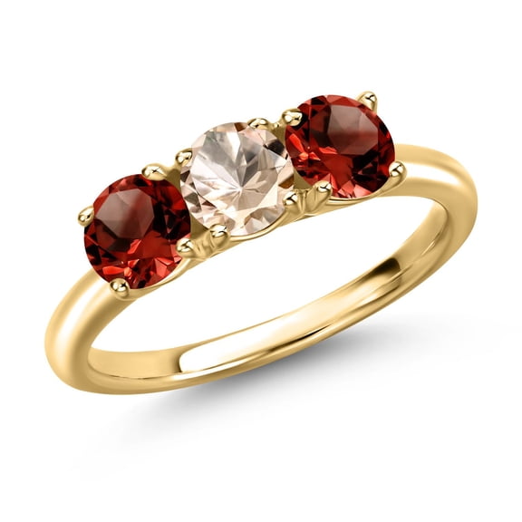 Gem Stone King 18K Yellow Gold Plated Silver Peach Morganite and Red Garnet Engagement Ring for Women | 1.50 Cttw | Round 5MM | Gemstone October Birthstone | Size 9