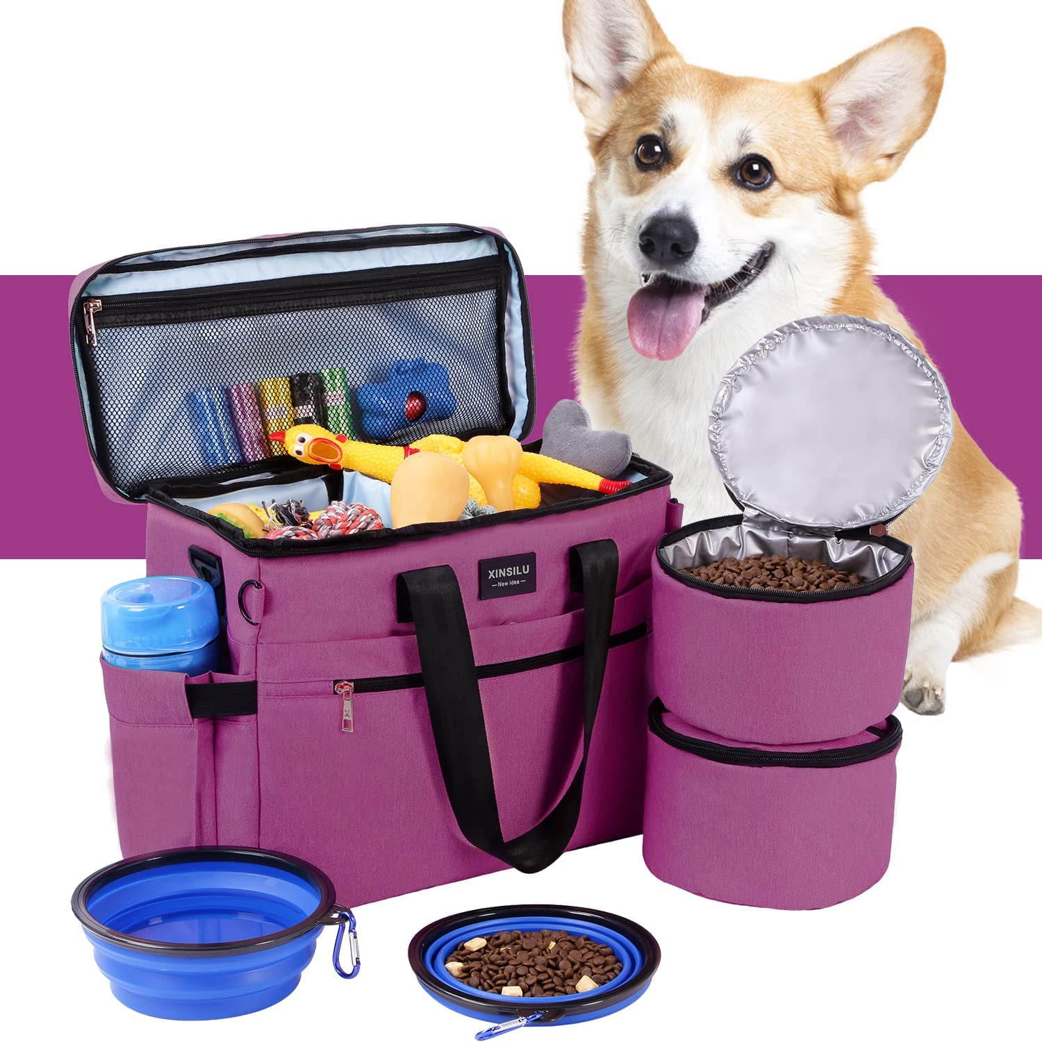 QueenDream Dog Travel Bag with 2 Food Storage Bags and MultiFunction