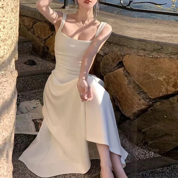 Xioeram Evening Party Women Dress Low-cut Square Neck Sleeveless High Tight Waist A-line Pleated Solid Color Frence Style Ankle Length Prom Banquet Maxi Dress