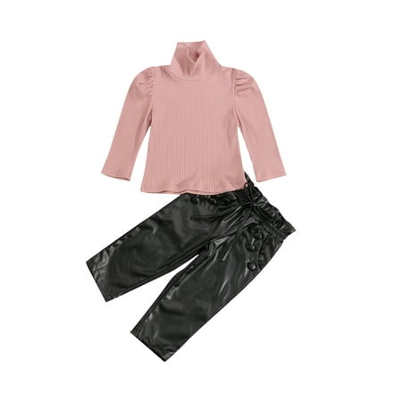 

Calsunbaby 2Pcs Toddler Baby Casual Outfits Girls Ribbed Long Sleeve High Collar Pullover+Leather Pants Set Pink 4-5 Years