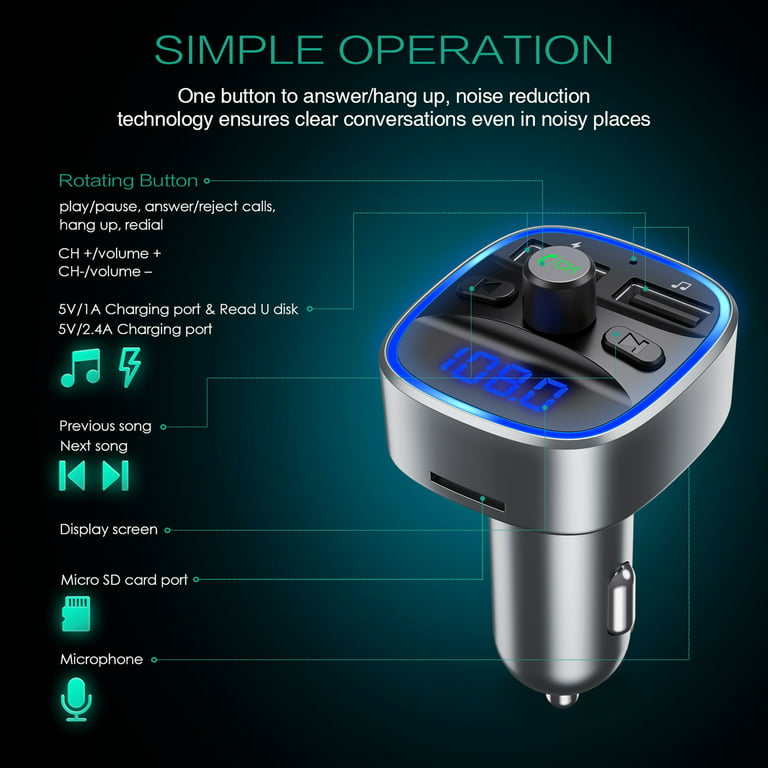 ORIA Bluetooth 5.1 Car FM Transmitter with AUX Out, Wireless Radio Adapter,  Universal Car Charger with Auto Scan Staion Button, 24W PD and 18W QC3.0