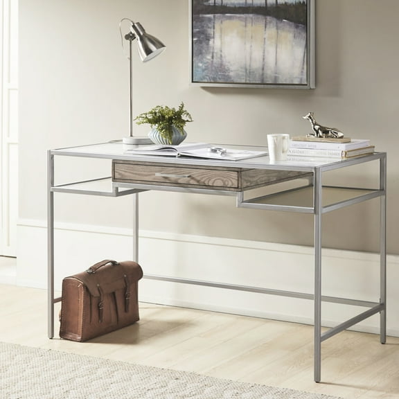 Writing Desk In Silver Metal And Tempered Glass, Finish Drawer For Functional Home Office Chic With Glass Top