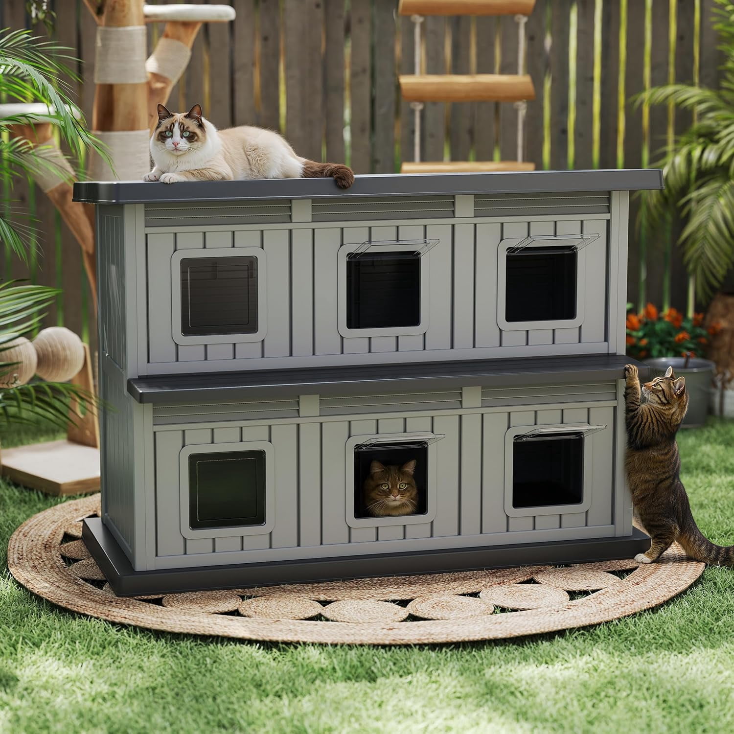 DRATO Outdoor Cat House Resin Double-Decker Cat Houses for Cats Weatherproof Large Space Cat Shelter Indoor & Outdoor Use