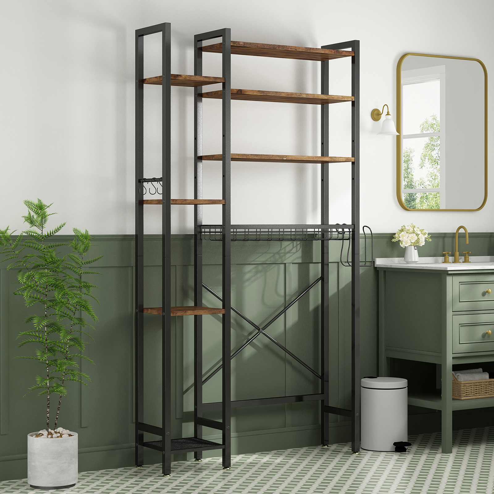 YIYADO 8-Tier Over The Toilet Storage with Side Rack, Over Toilet Storage Rack with Adjustable Shelf & Drain Basket, Freestanding Bathroom Organizer for Balcony, Laundry (Vintage Brown)