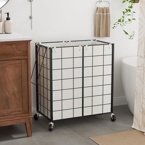 Double Laundry Hamper with Wheels,Metal Wire Frame Rolling Laundry Basket with 2 Removable bags,120L Dirty Clothes Hamper Organizer Dorm Room Storage for Bedroom,Bathroom