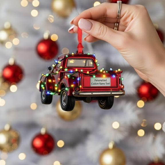 Personalized Red Truck Acrylic Christmas Ornament with Lights Custom Name Farmhouse Holiday Tree Decor, Family Christmas Home Keepsake