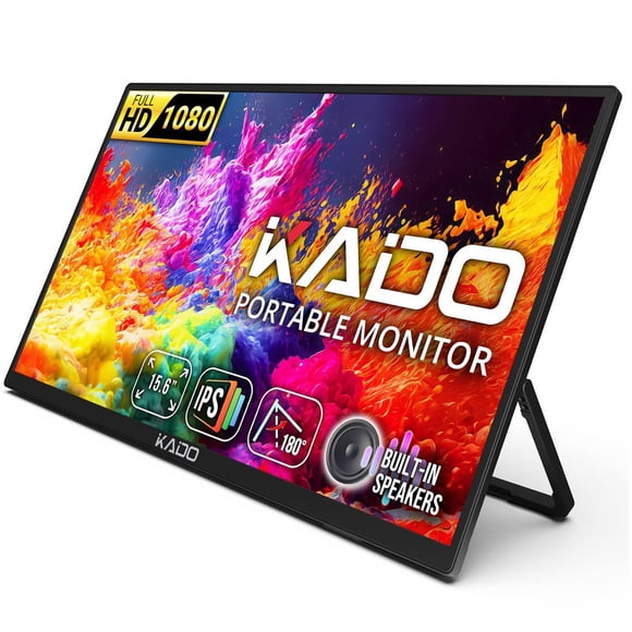 Kado Moniteur Portable 15,6 Pouces FHD 1080p, Écran d'Ordinateur Portable Ultra Mince 45W à Recharge Inversée 1920x1080 avec Haut-Parleurs Intégrés, Écran IPS à Coup de Pied de 180°