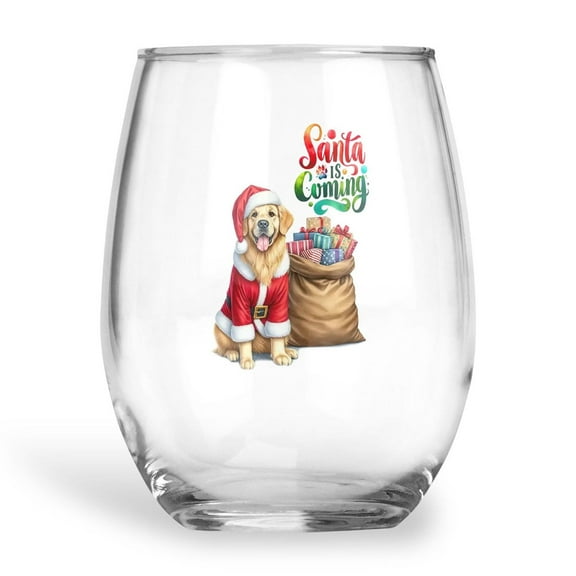 Santa is Coming Golden Retriever Merry Christmas Xmas Noel Truck Tree 15oz Stemless Wine Glass Mug Goldens Dog Lover Gifts Idea Wine Glasses Cup - 02023