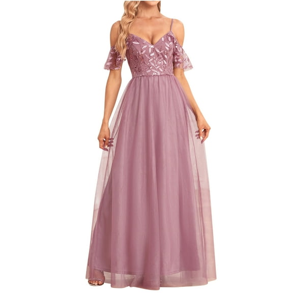 Elainilye Fashion Wedding Guest Dresses for Women Casual Long Sleeve V-Neck Summer Casual Long Dress Evening Dress Prom Dress,Pink