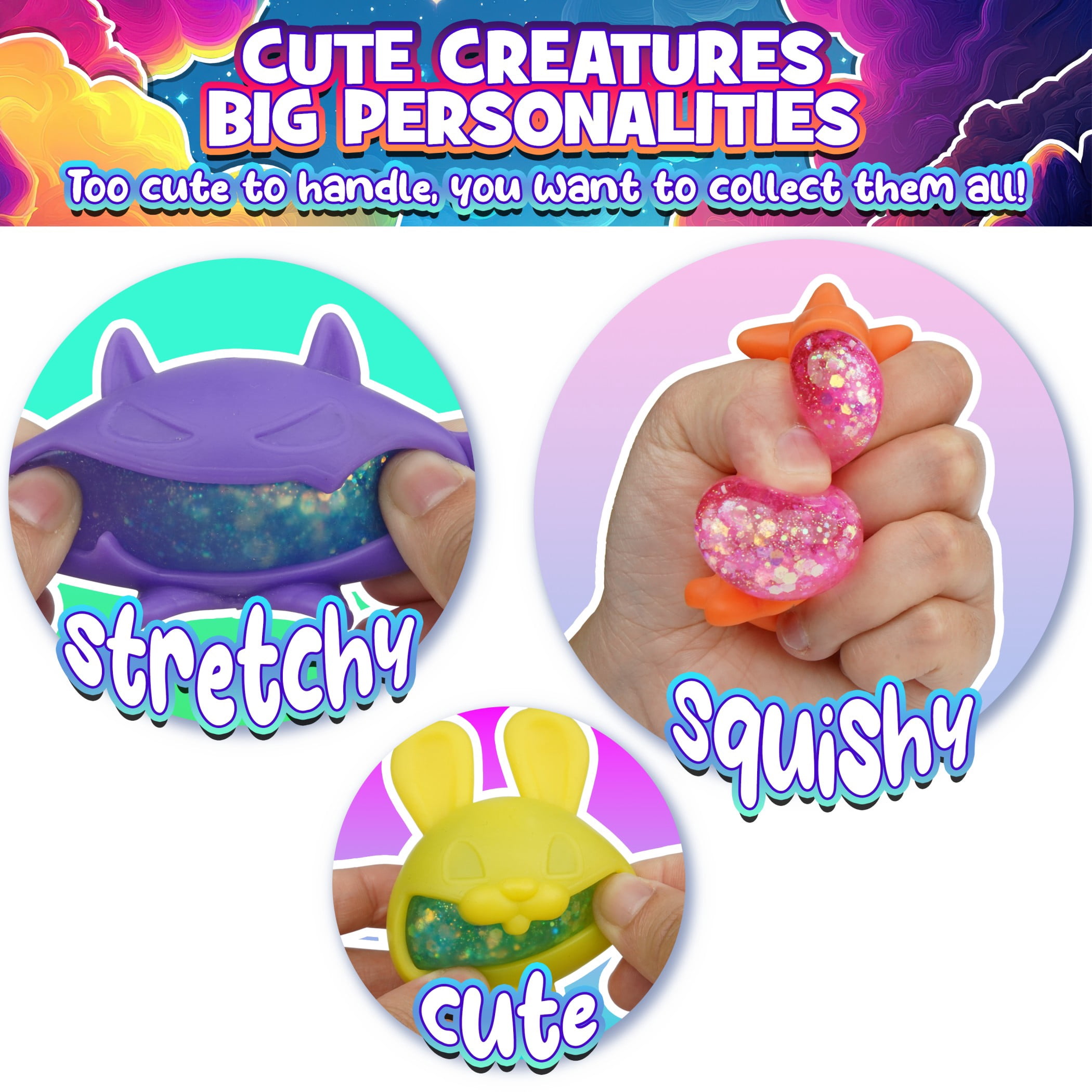 Power Your Fun Glitter Gobblers Squishy 6 pack Fidget Toys for a Child Age 3+ & up