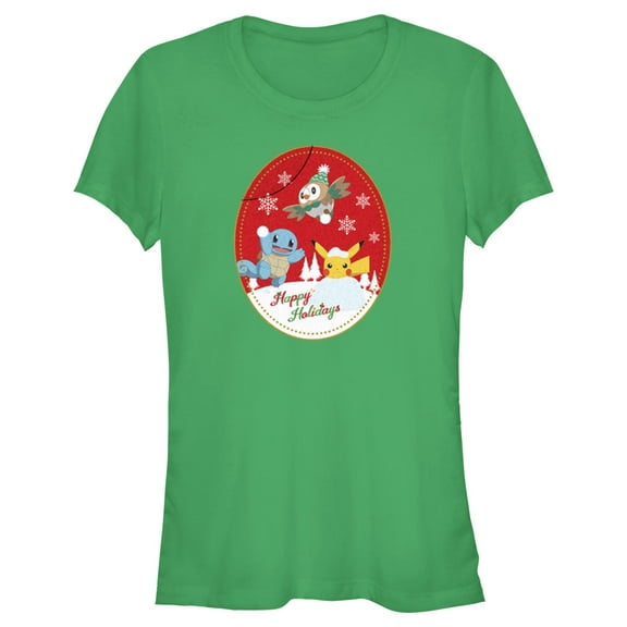 Junior's Pokemon Christmas Happy Holidays Patch Graphic Tee Kelly Green Large