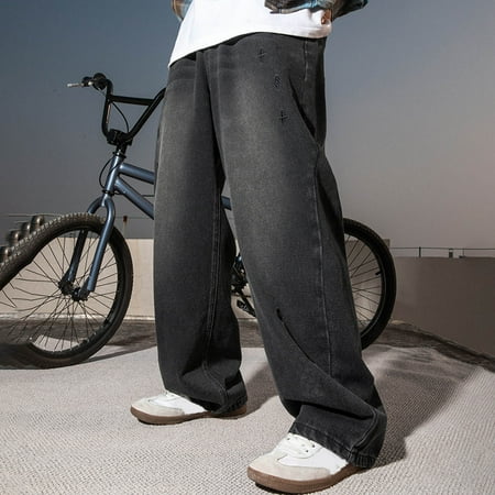 MHFRRA Baggy Jeans Men Men s Casual Denim Pants Old Washed Semi Elastic Jeans Loose Texture Embroidery Straight Pants Size M