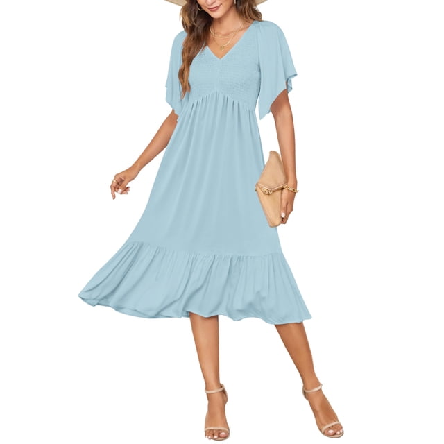 Vestido de verano AUSELILY para mujer, cuello en V, manga corta, midi azul