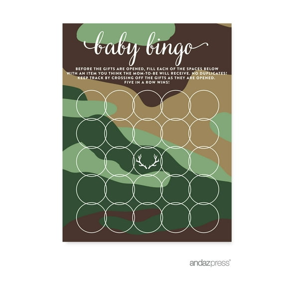 Baby Bingo Green Woodland Camouflage Boy Baby Shower Game, 20-Pack