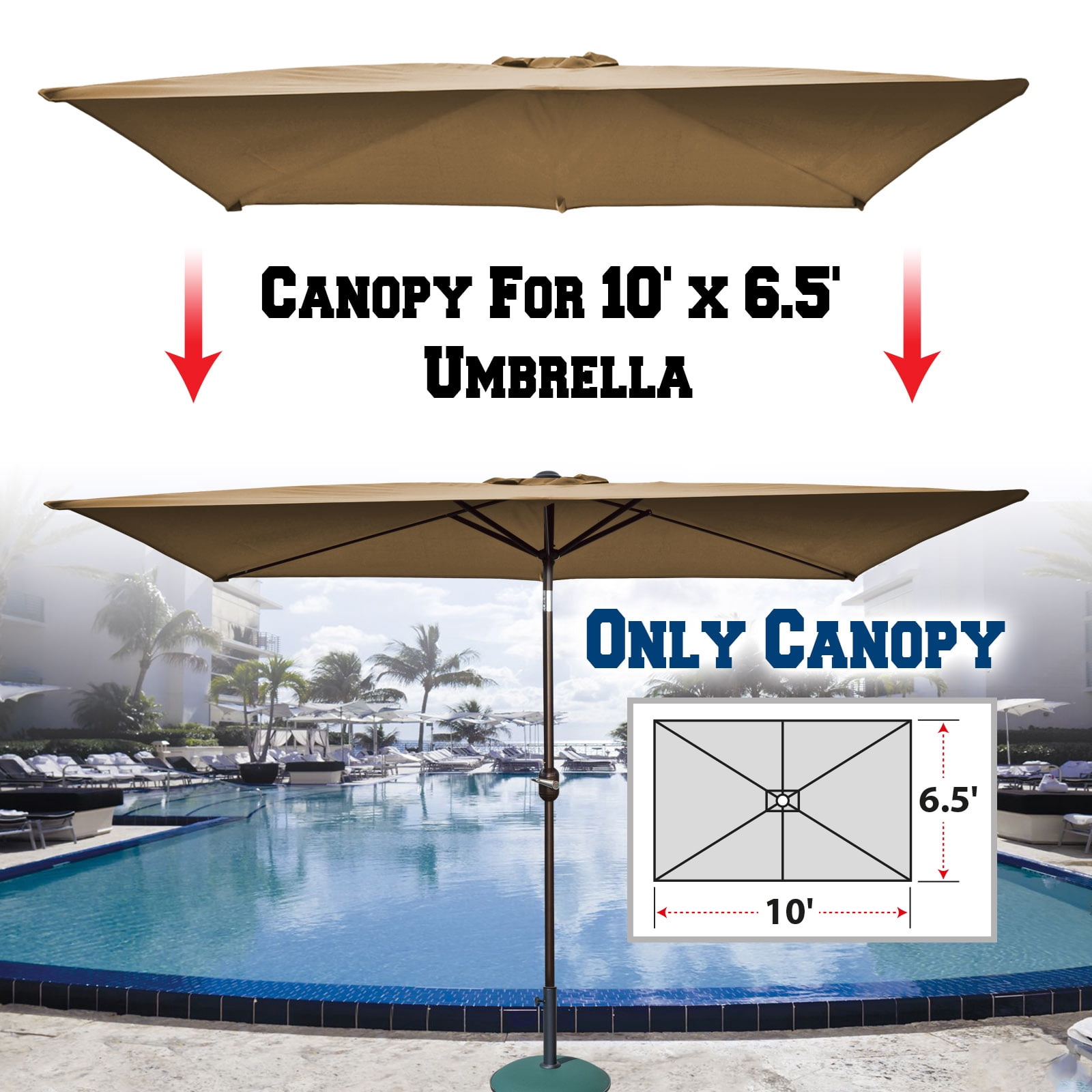 Sunrise 10 x 6.5ft 6 Ribs Outdoor, Patio Rectangle Parasol Umbrella Cover Canopy, Replacement Cover Top, Tan (Cover Only, Umbrella Frame not Included)