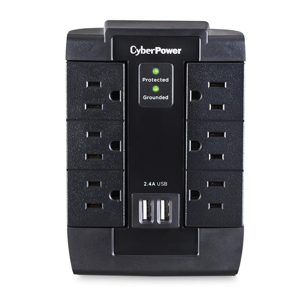 CyberPower CSP600WSU Surge Protector, 1200J/125V, 6 Swivel Outlets, 2 USB Charging Ports, Wall Tap Design, Black