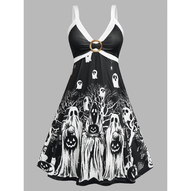 Vestido impreso de calabaza Ghost Bicolor Ghost Plus Rosegal Vestidos Estampados Tallas Grandes