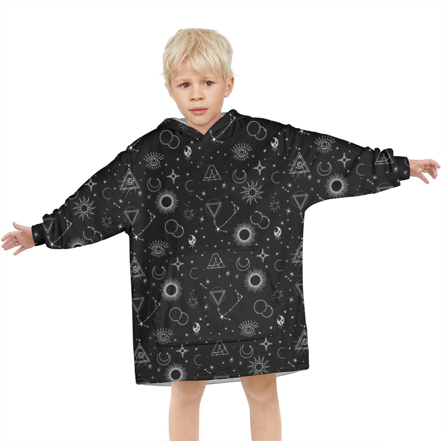 Black White Gothic Geometry Sun Moon Pattern Blanket Hoodies for Kids 6-13YR Oversize Wearable Blanket Hoodies for Boys Girls Teens