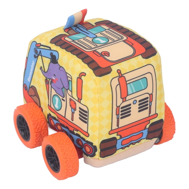 tela niños tire hacia atrás coche, tela caricatura estuche de transporte tire hacia atrás coches interacción entre e hijos suave bebé vehículo juguete para 1 a 3 años de — juguete de tela tipo cubo con ruedas naranjas en vista 3/4 frontal; impresiones de caricatura (elefante y paneles de vehículo) sobre tela amarilla con patrón geométrico, base de plástico y textura de algodón visible, especificación indica mecanismo de retroceso incorporado sin pilas, tamaño apto para manos de 1–3 años, marca Anggrek; también suele usarse como juguete de agarre y entretenimiento en viajes.