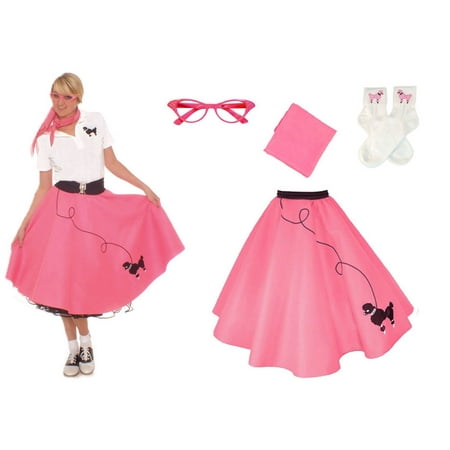 50's Style Poodle Skirt - Adult 4 pc - 50's Poodle Skirt Outfit - Hot Pink / XLarge