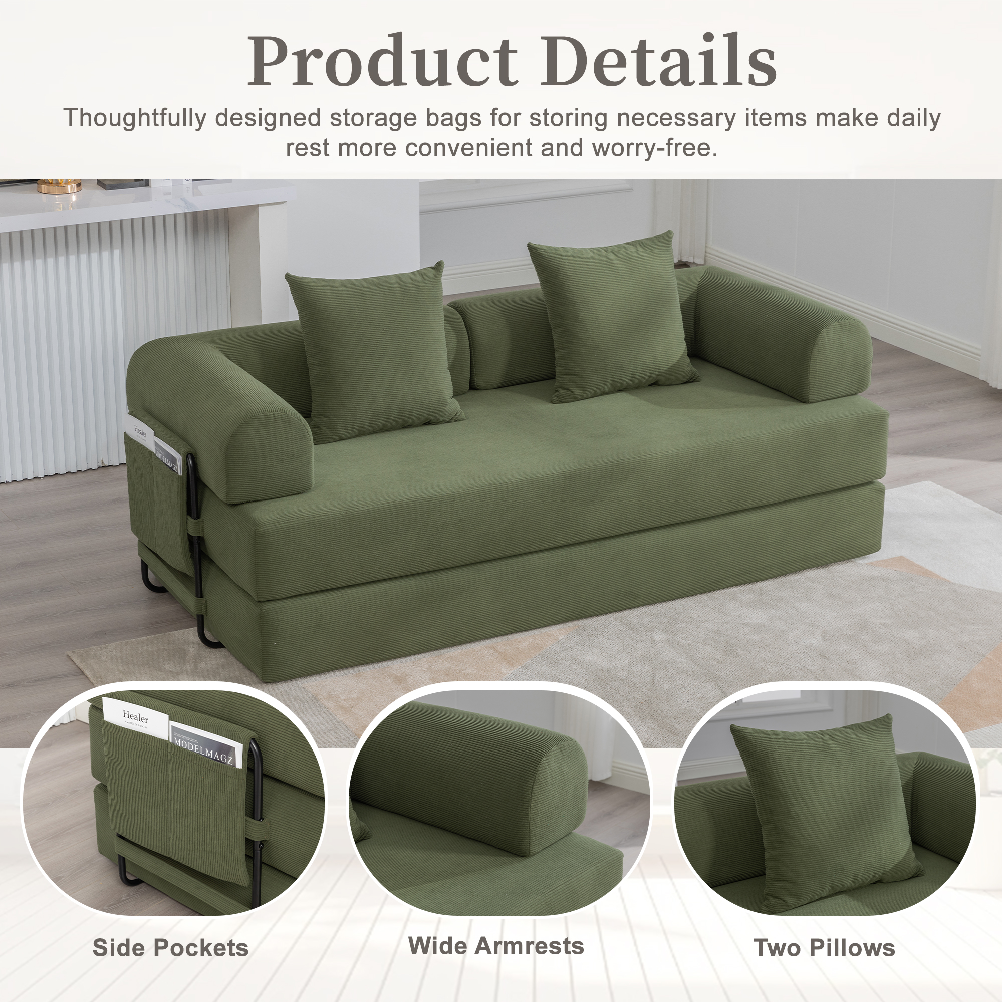 MOONMISS Corduroy Upholstered Modern Comfort Foldable Compressible Sofa Bed with Sturdy Metal Frame-Olive Green