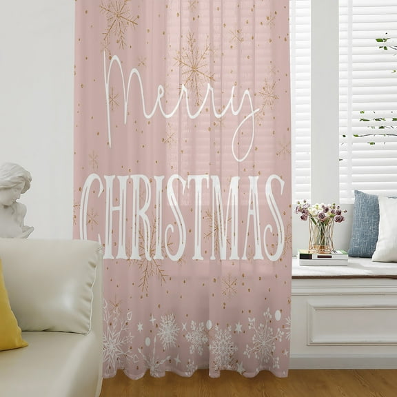 Pink Merry Christmas Semi Sheer Curtains Drapes for Living Room, Bedroom, French Doors Window 63 Inches Long, Xmas Winter Snowflake Yellow Pink Rod Pocket Chiffon Curtain Drapery Voile Drape Panel