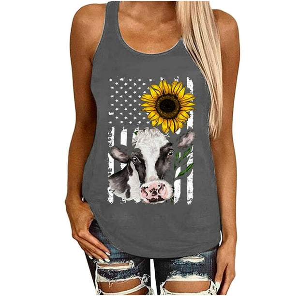 Blusa sin mangas con cuello redondo y estampado de girasol para mujer Fridja gh1735