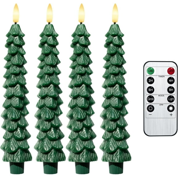 4PCS Christmas Tree Candles, 9.7 Inch Flameless Taper Candles with Remote and Timer, LED Battery Operated Taper Candlesticks with 3D Flickering for Christmas Home Decoration.