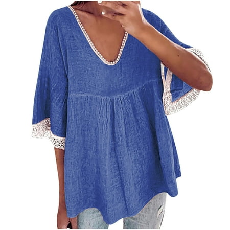 Cute Tops for Women Fashion Lace Trim Flare Short Sleeve V Neck Summer Tee Shirts Babydoll Swing Top Loose Blouse