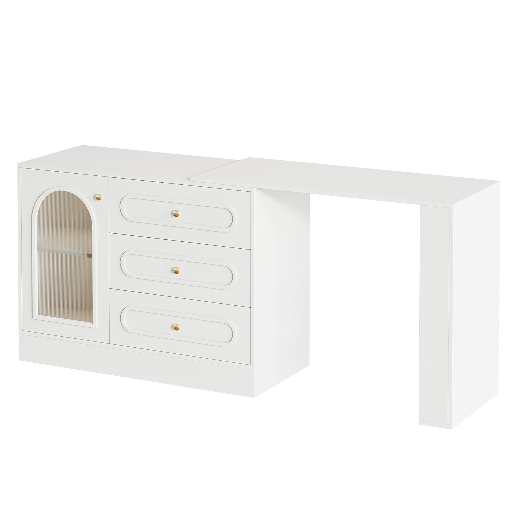 Fnova Rotatable L-Shaped Computer Desk with 3 Drawers, Cabinet, Reversible Corner Design with Adjustable Shelves, Home Office Workstation Writing Table for Bedroom